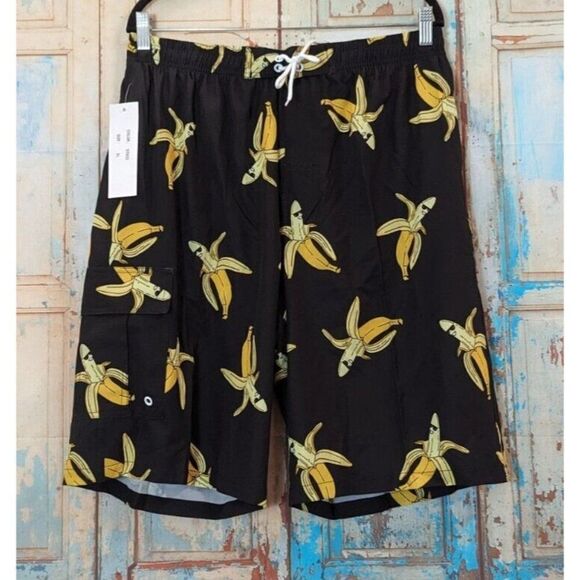 Rejork Mens Size XL Black Banana Print Elastic Waist Swimwear Board Shorts - Picture 2 of 9